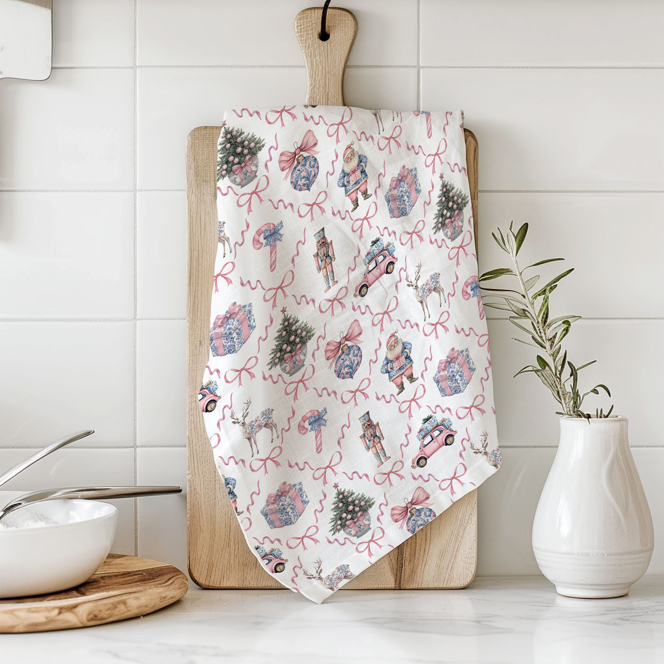 Pink & Blue Chinoiserie Christmas Kitchen Towel