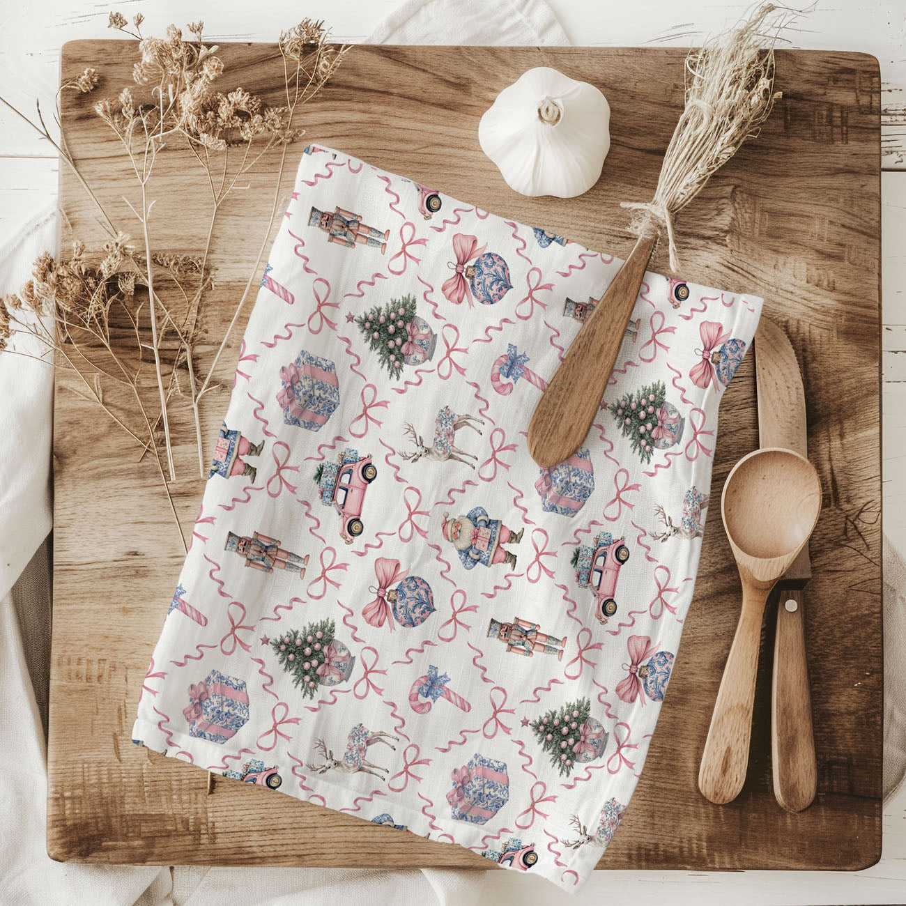 Pink & Blue Chinoiserie Christmas Kitchen Towel