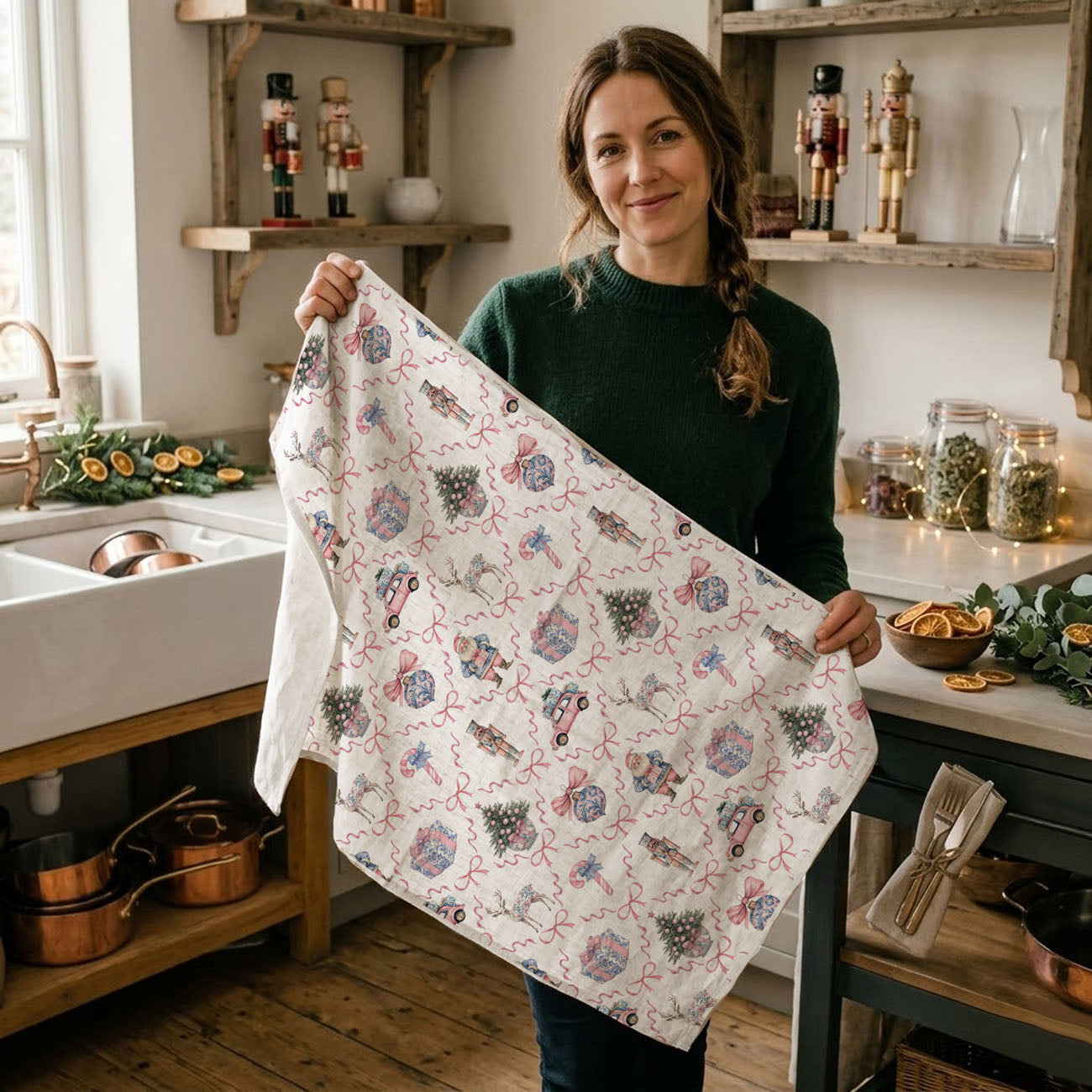 Pink & Blue Chinoiserie Christmas Kitchen Towel