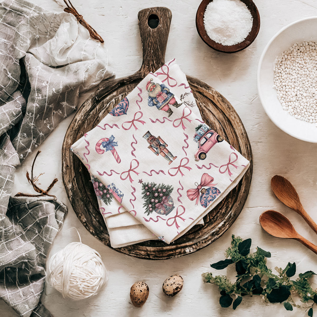 Pink & Blue Chinoiserie Christmas Kitchen Towel