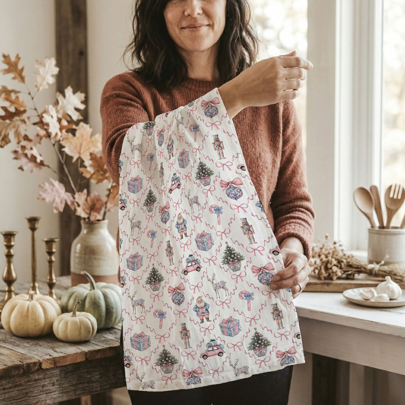 Pink & Blue Chinoiserie Christmas Kitchen Towel