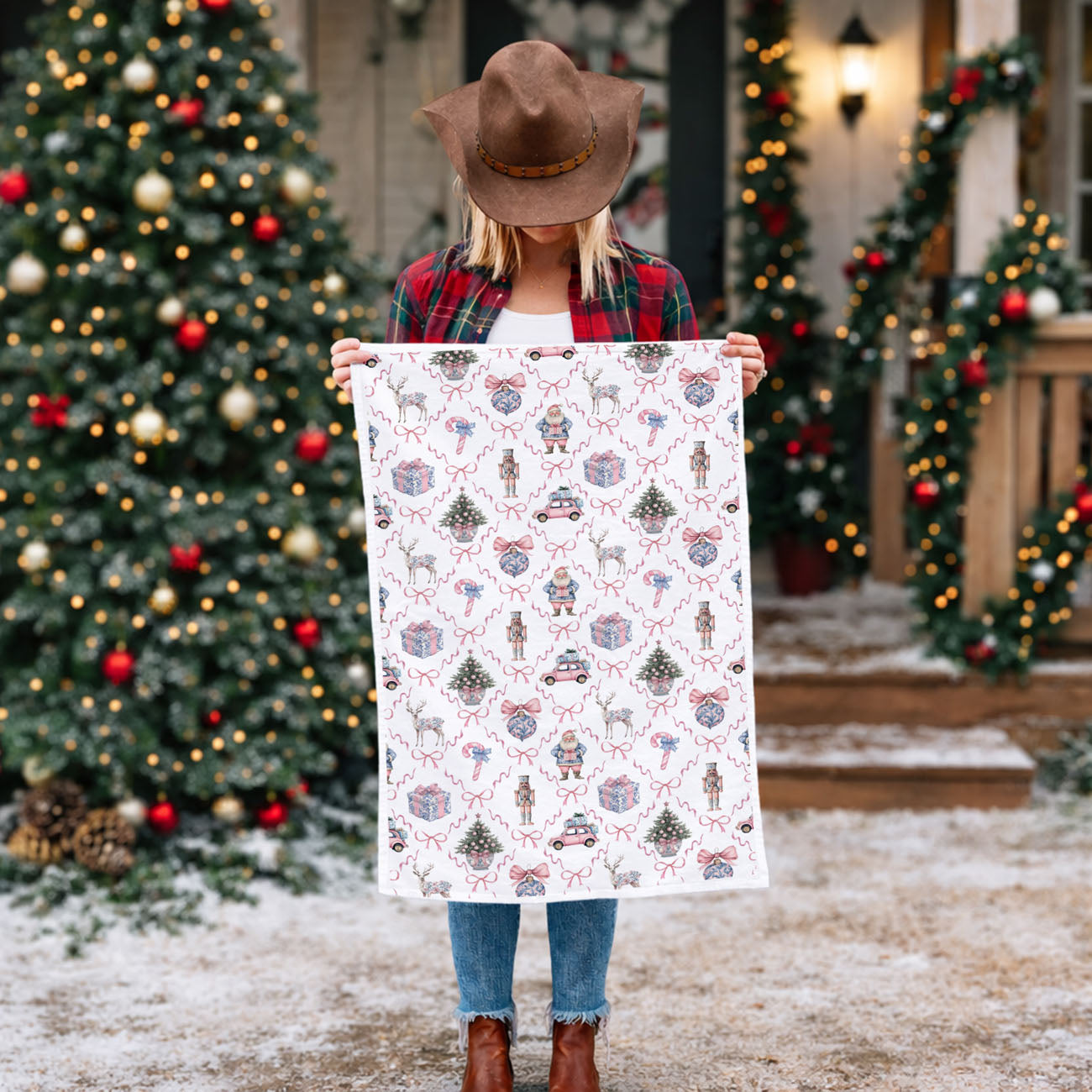 Pink & Blue Chinoiserie Christmas Kitchen Towel