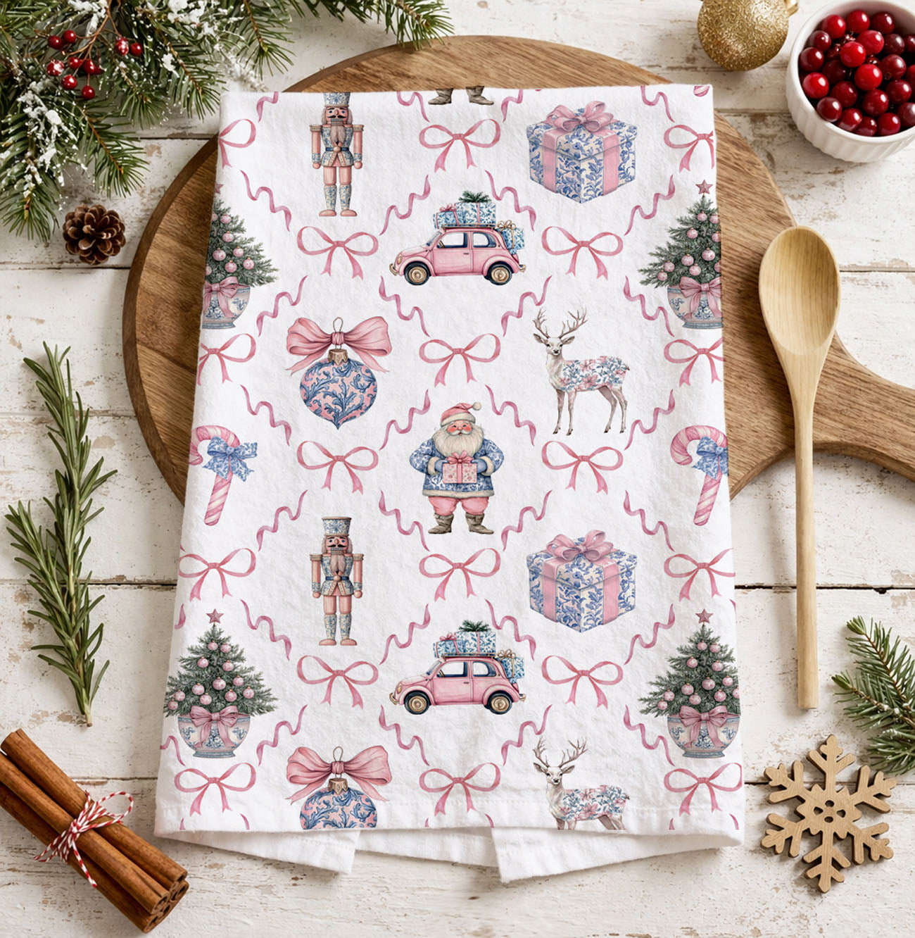 Pink & Blue Chinoiserie Christmas Kitchen Towel