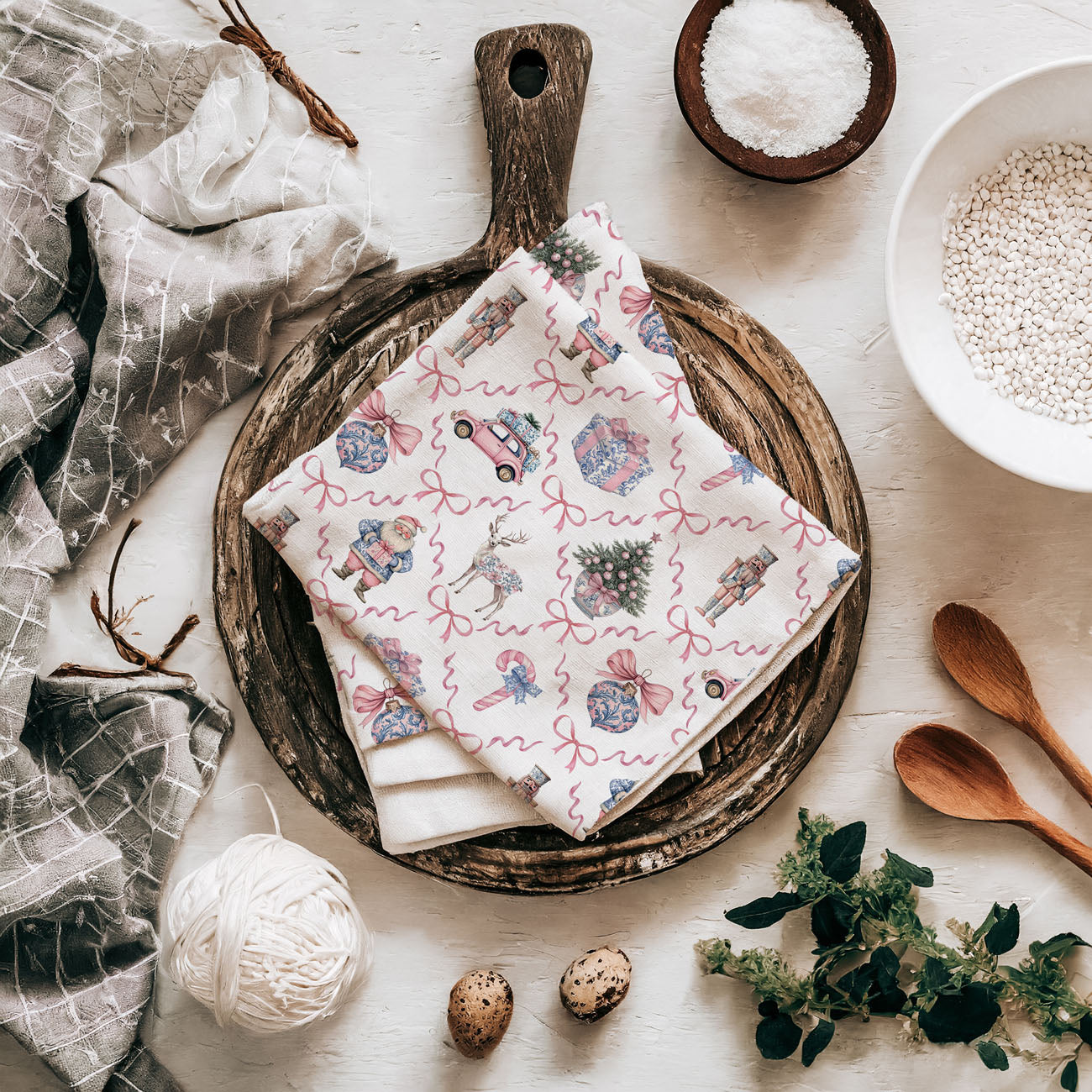 Pink & Blue Chinoiserie Christmas Kitchen Towel