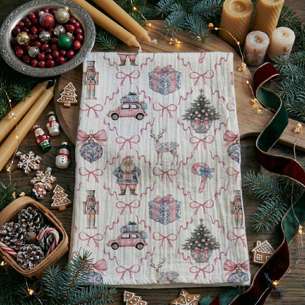 Pink & Blue Chinoiserie Christmas Kitchen Towel