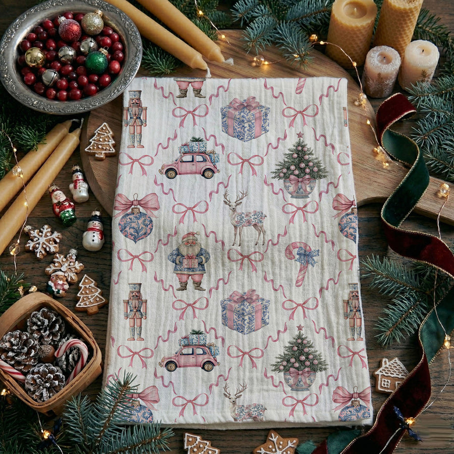 Pink & Blue Chinoiserie Christmas Kitchen Towel