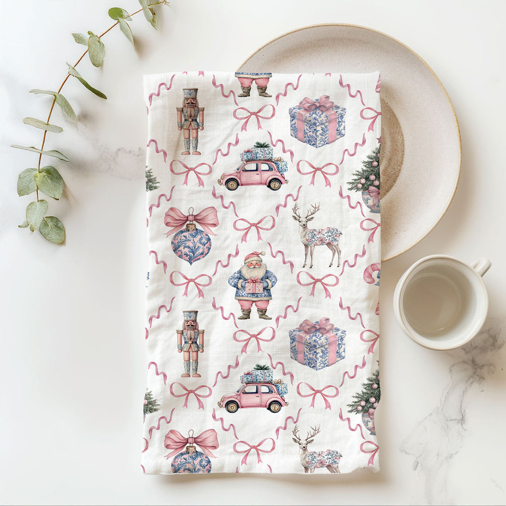 Pink & Blue Chinoiserie Christmas Kitchen Towel