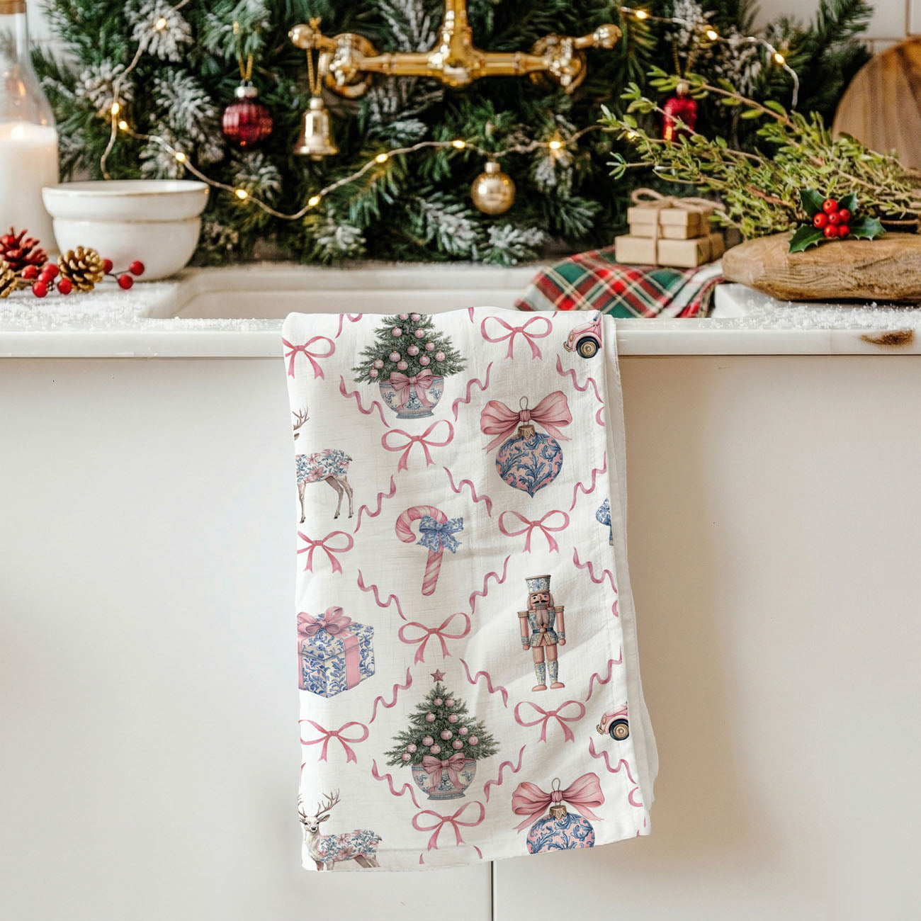 Pink & Blue Chinoiserie Christmas Kitchen Towel