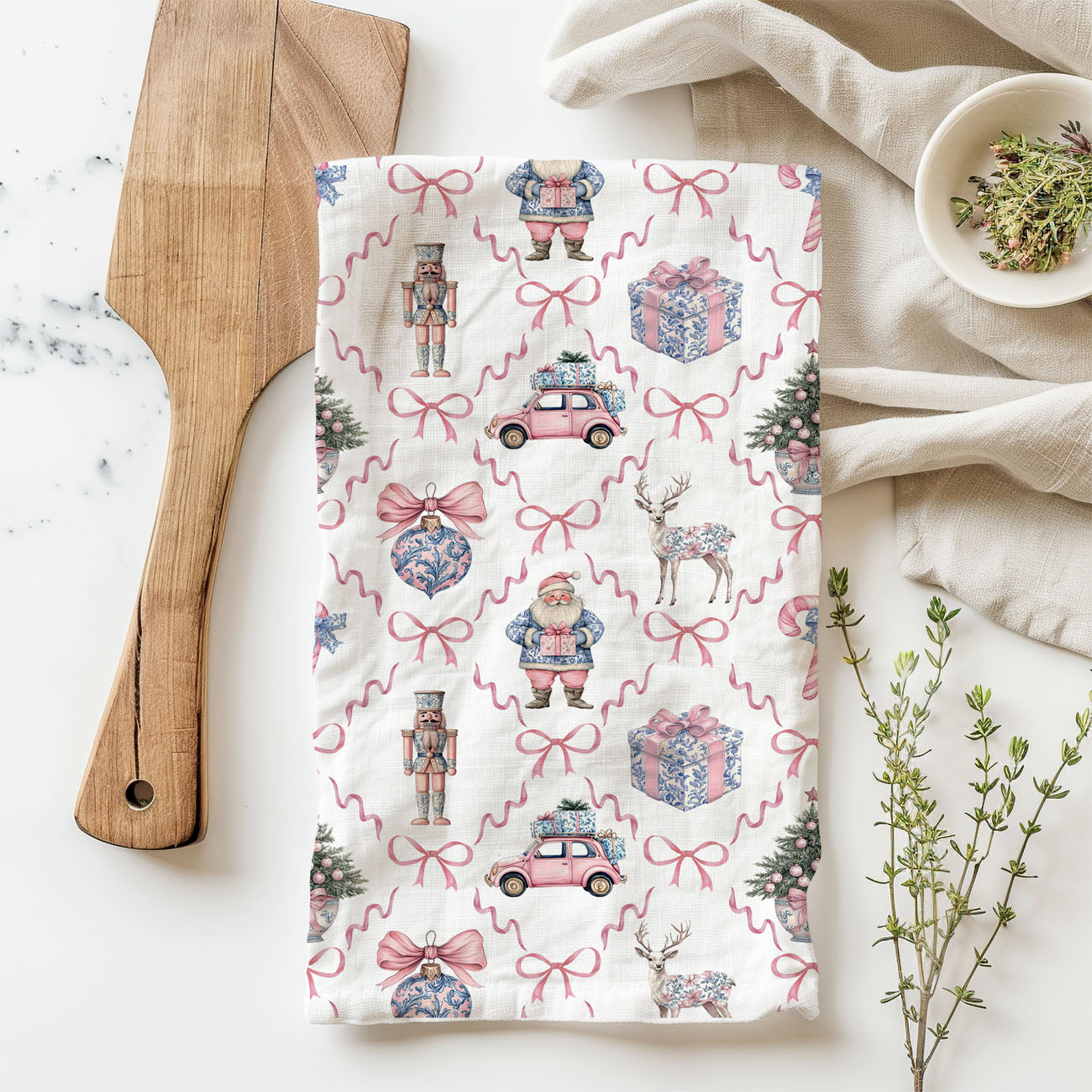 Pink & Blue Chinoiserie Christmas Kitchen Towel