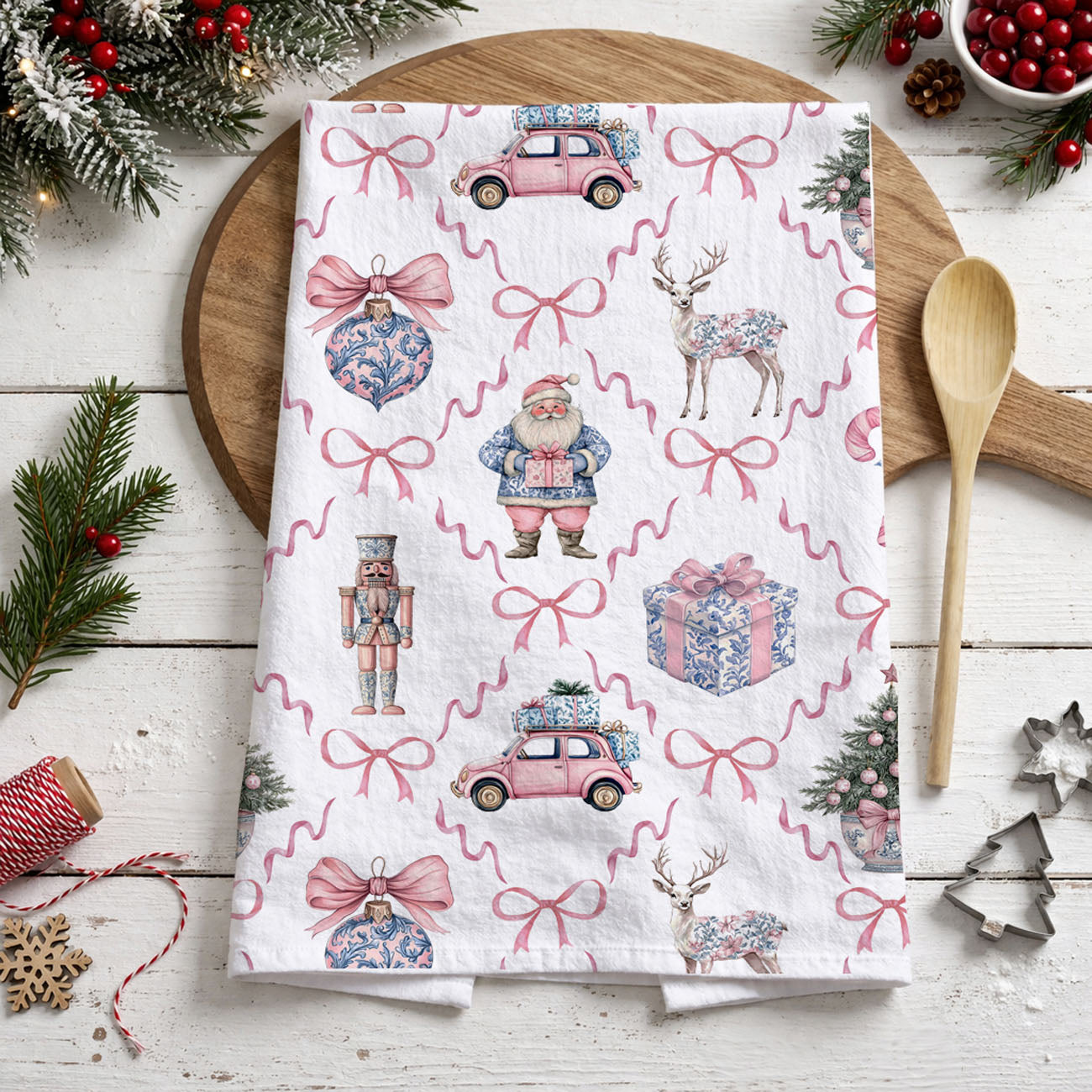 Pink & Blue Chinoiserie Christmas Kitchen Towel