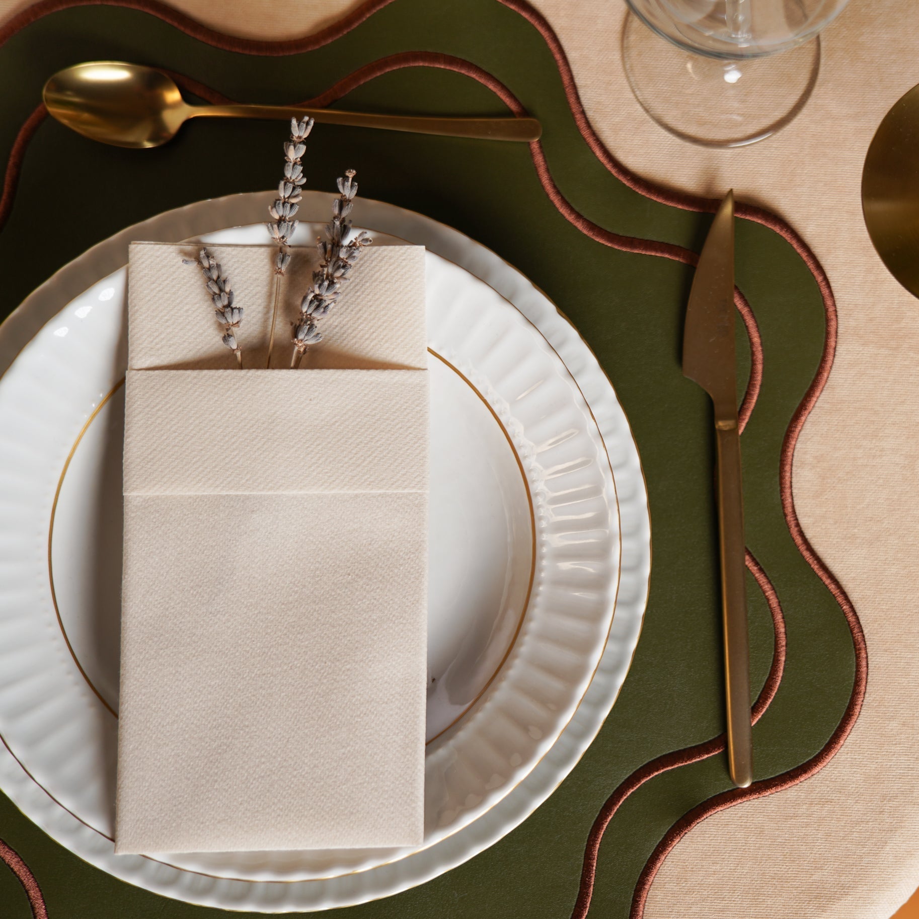 HAVEN DARK GREEN BROWN TRIM WAVY EDGE FAUX LEATHER PLACEMAT (Set Of 4)
