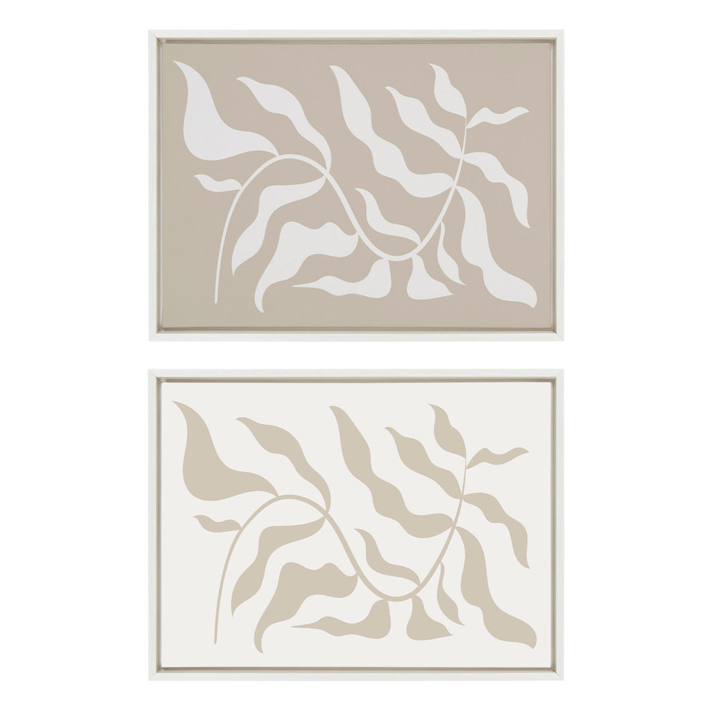 Sylvie Modern Matisse Inspired Botanical White on Beige and Beige on White Framed Canvas by The Creative Bunch Studio