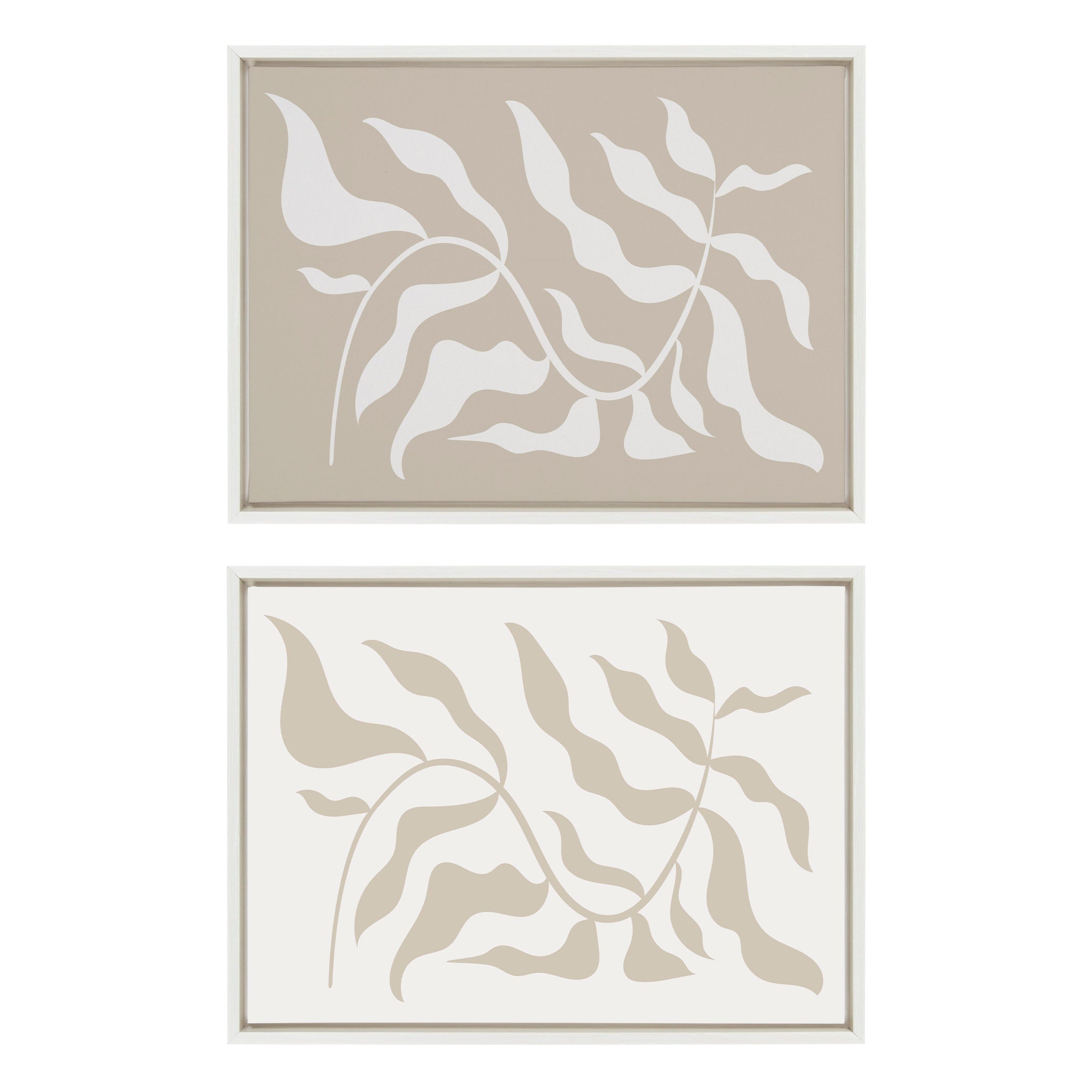 Sylvie Modern Matisse Inspired Botanical White on Beige and Beige on White Framed Canvas by The Creative Bunch Studio