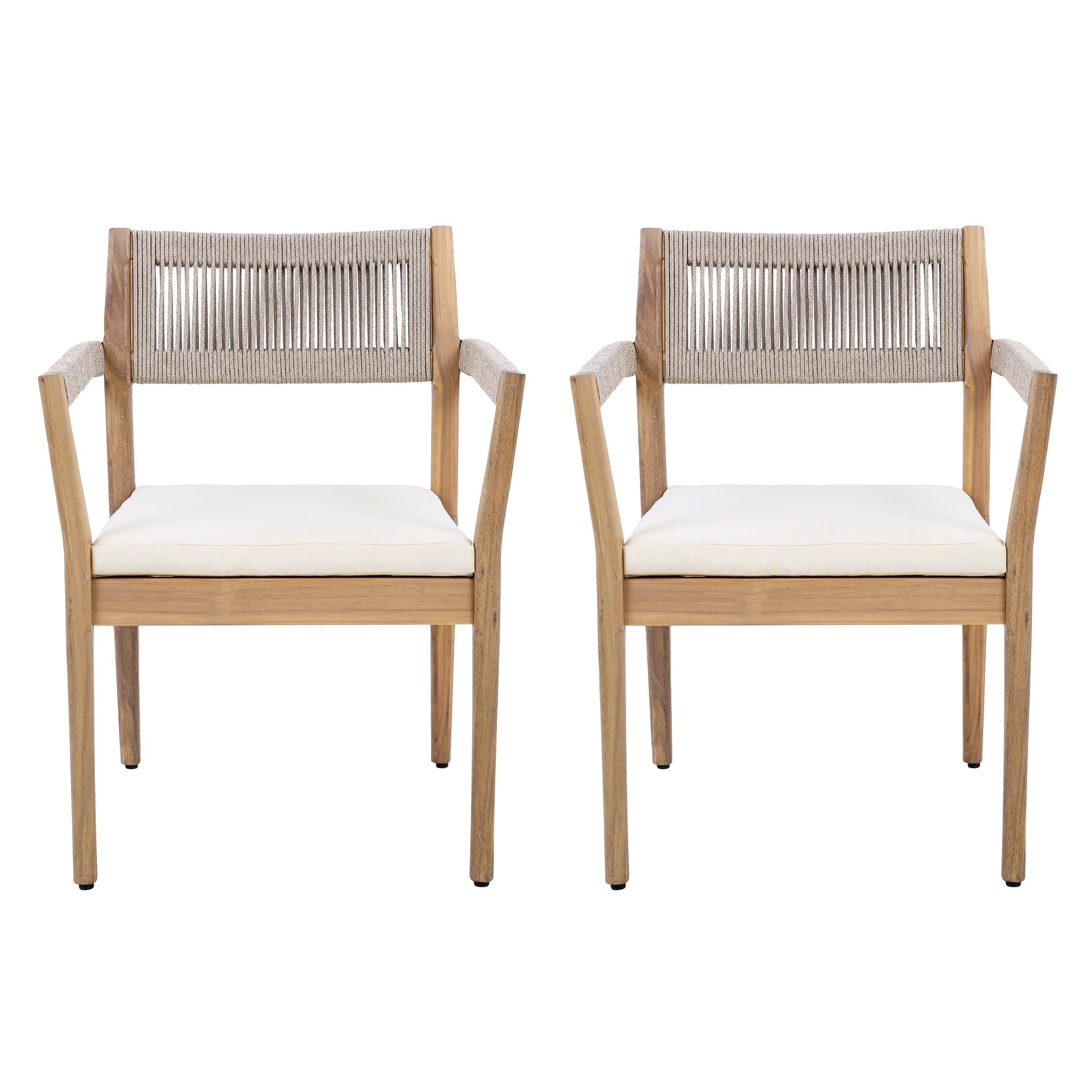 Braided Acacia Wood Outdoor Dining Chairs Set of 4 – Teak Look with Beige Rope & Cream Cushions