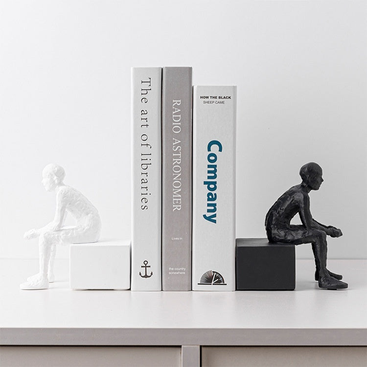 Nordic Style Seated Figure Bookends — Resin, White & Black