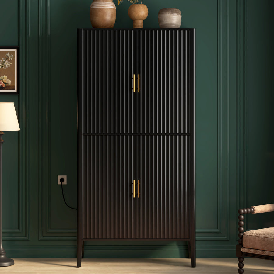U_STYLE Modern Fluted Wine Cabinet with Glass Display & Stemware Rack
