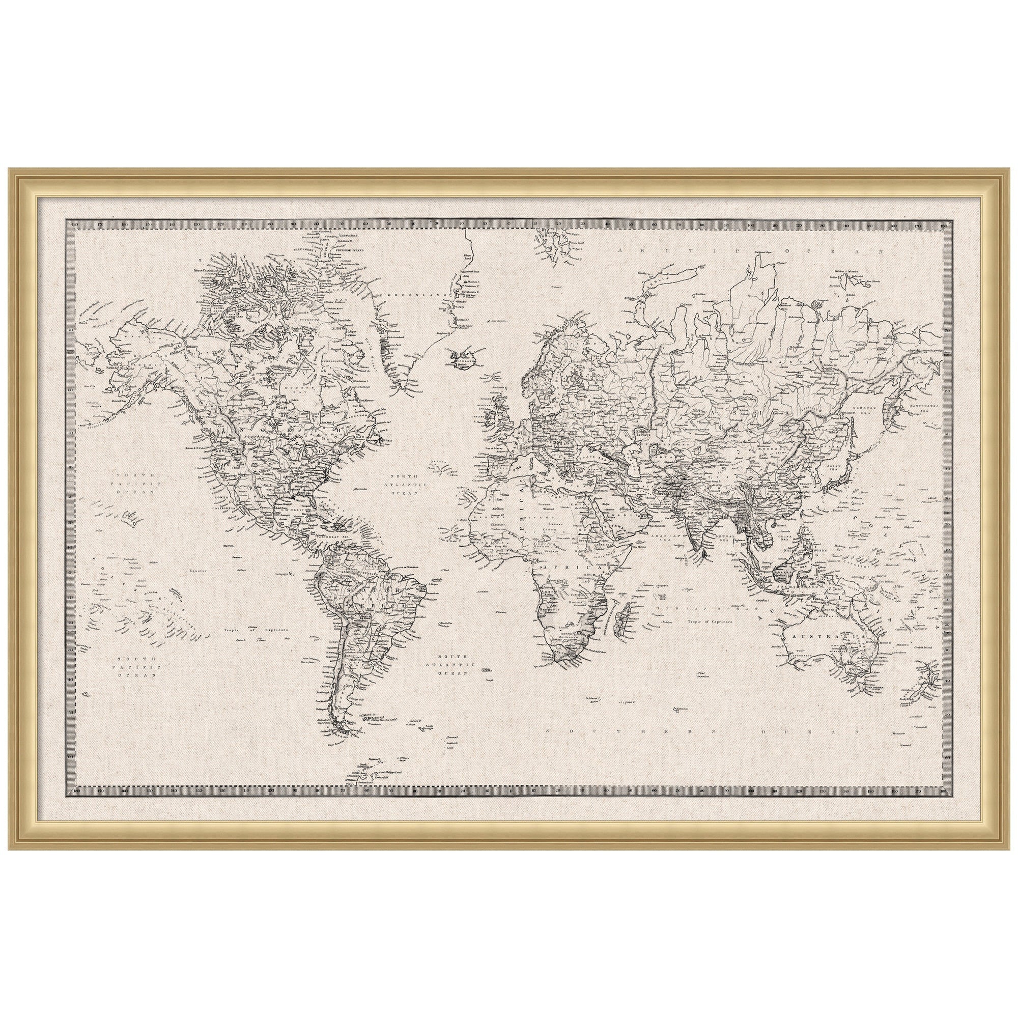 Framed Fabric Pinboard Vintage Black and White Linen World Map Wall Organization