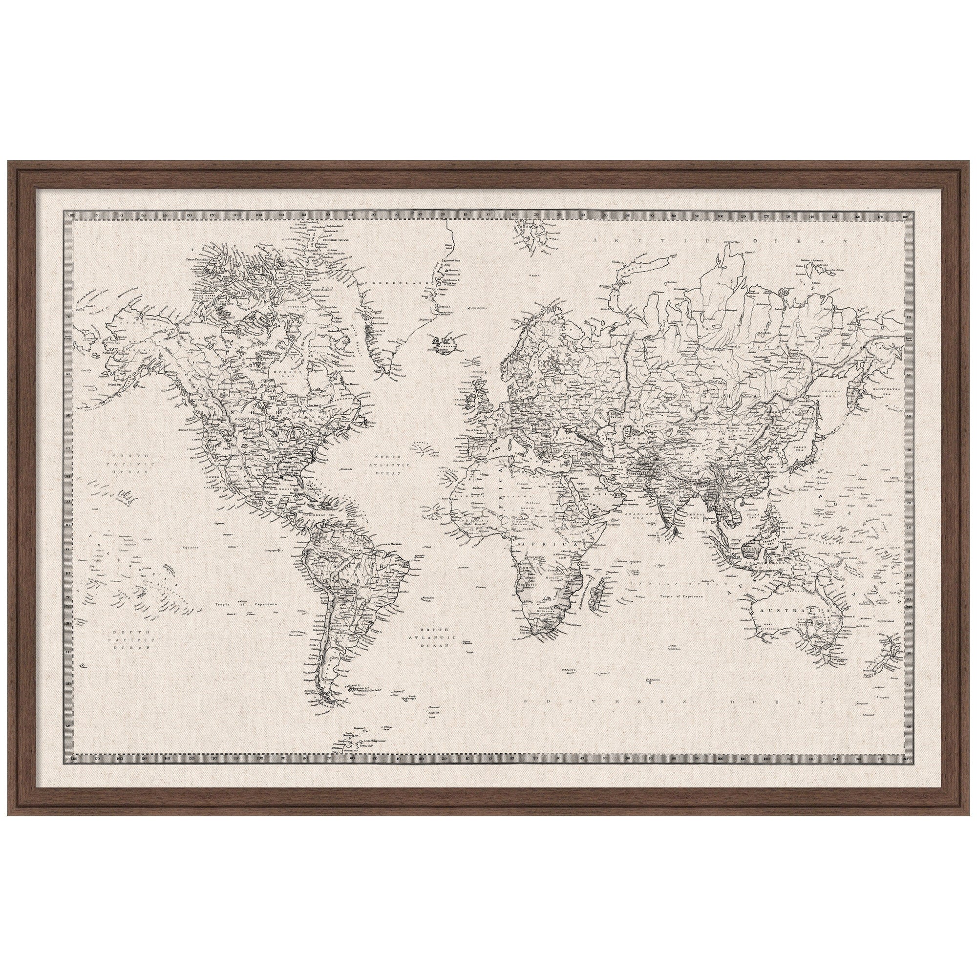 Framed Fabric Pinboard Vintage Black and White Linen World Map Wall Organization