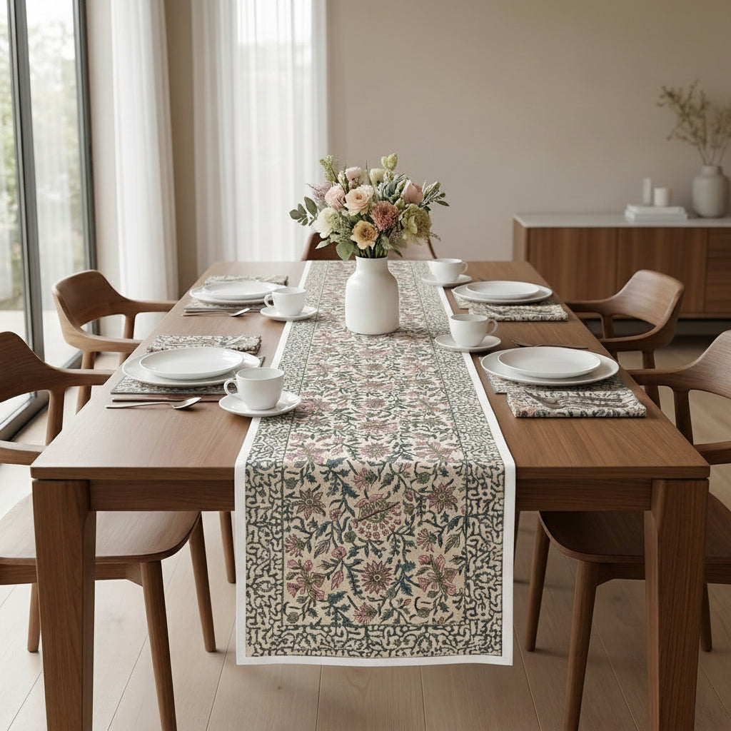 Hand Block Printed Cotton Emerald Green & Pink All-Over 13 Pieces Floral Table Linen Set