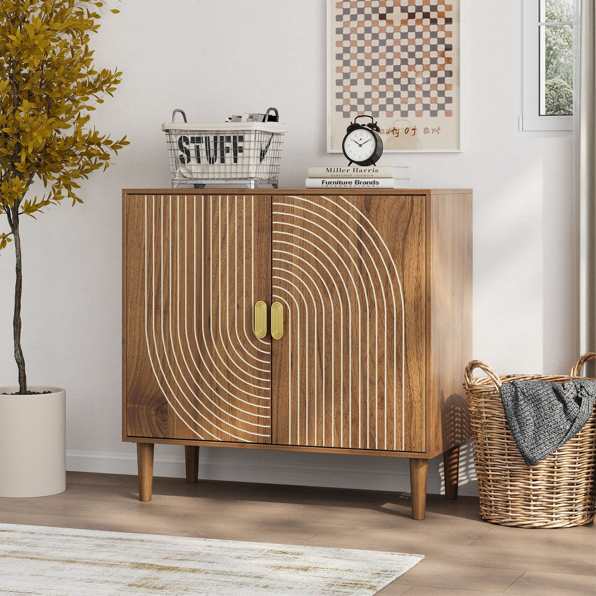 Buffet Cabinet With Line Groove Design, Sideboard Buffet Cabinet With Storage, Multifunctional Accent Cabinet For Living Room, Entryway, Hallway, Office, Kitchen - Brown