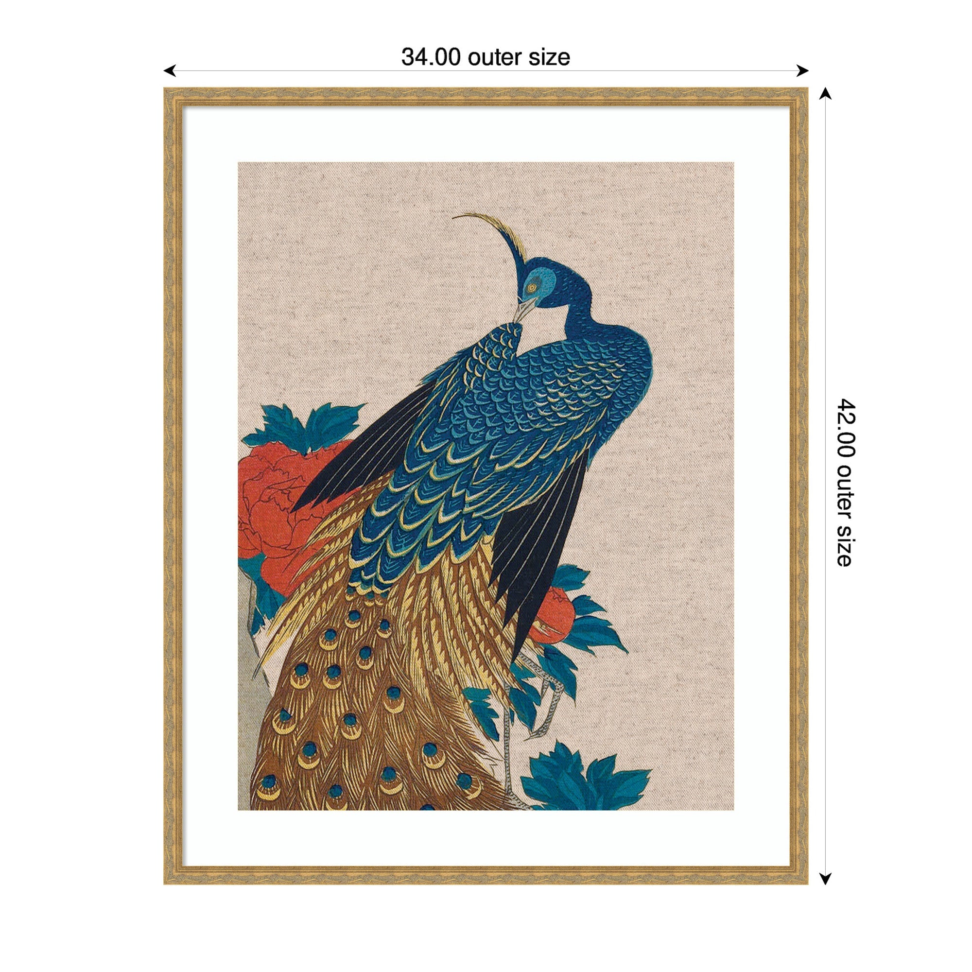 Framed Art Peacock and Peonies 1840 Utagawa Hiroshige Neutral Linen by The Art Institute of Chicago