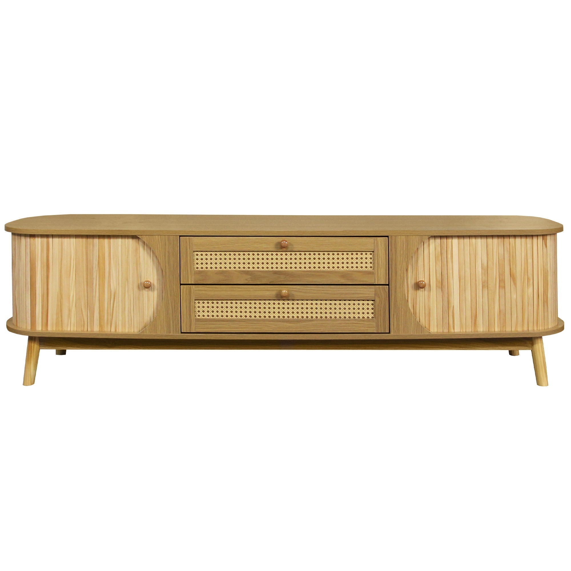 Rattan TV Stand For Tvs Up To 75'', Modern Farmhouse Media Console, Entertainment Center With Legs, TV Cabinet For Living Room, Home Theatre - Natural Wood