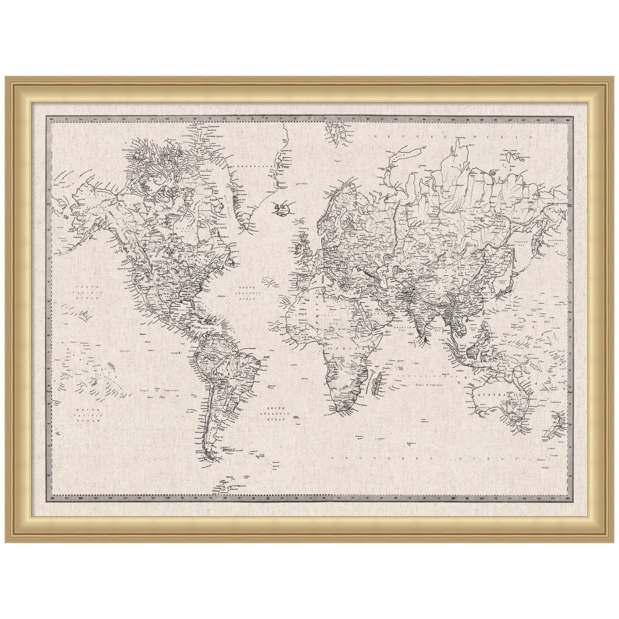 Framed Fabric Pinboard Vintage Black and White Linen World Map Wall Organization