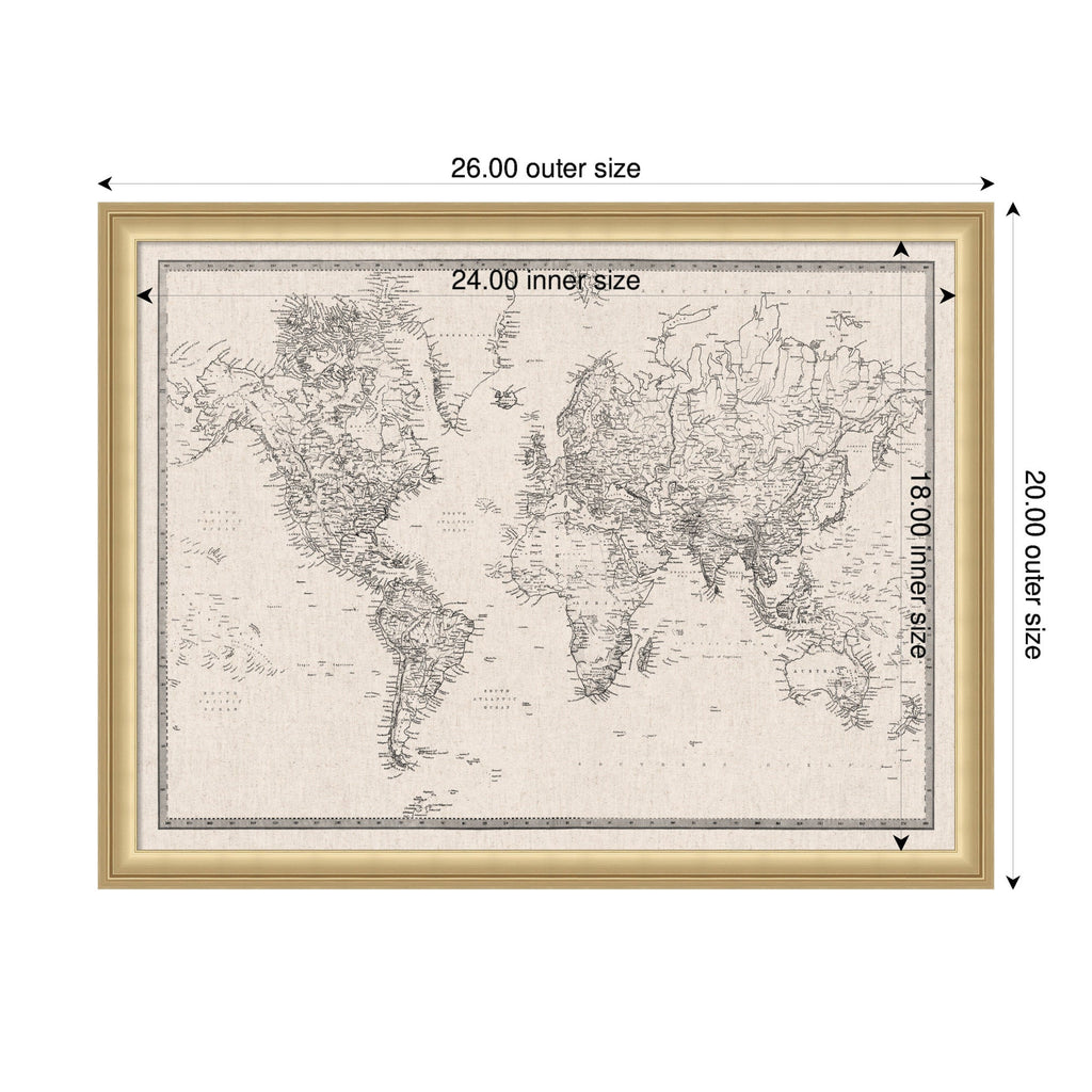 Framed Fabric Pinboard Vintage Black and White Linen World Map Wall Organization