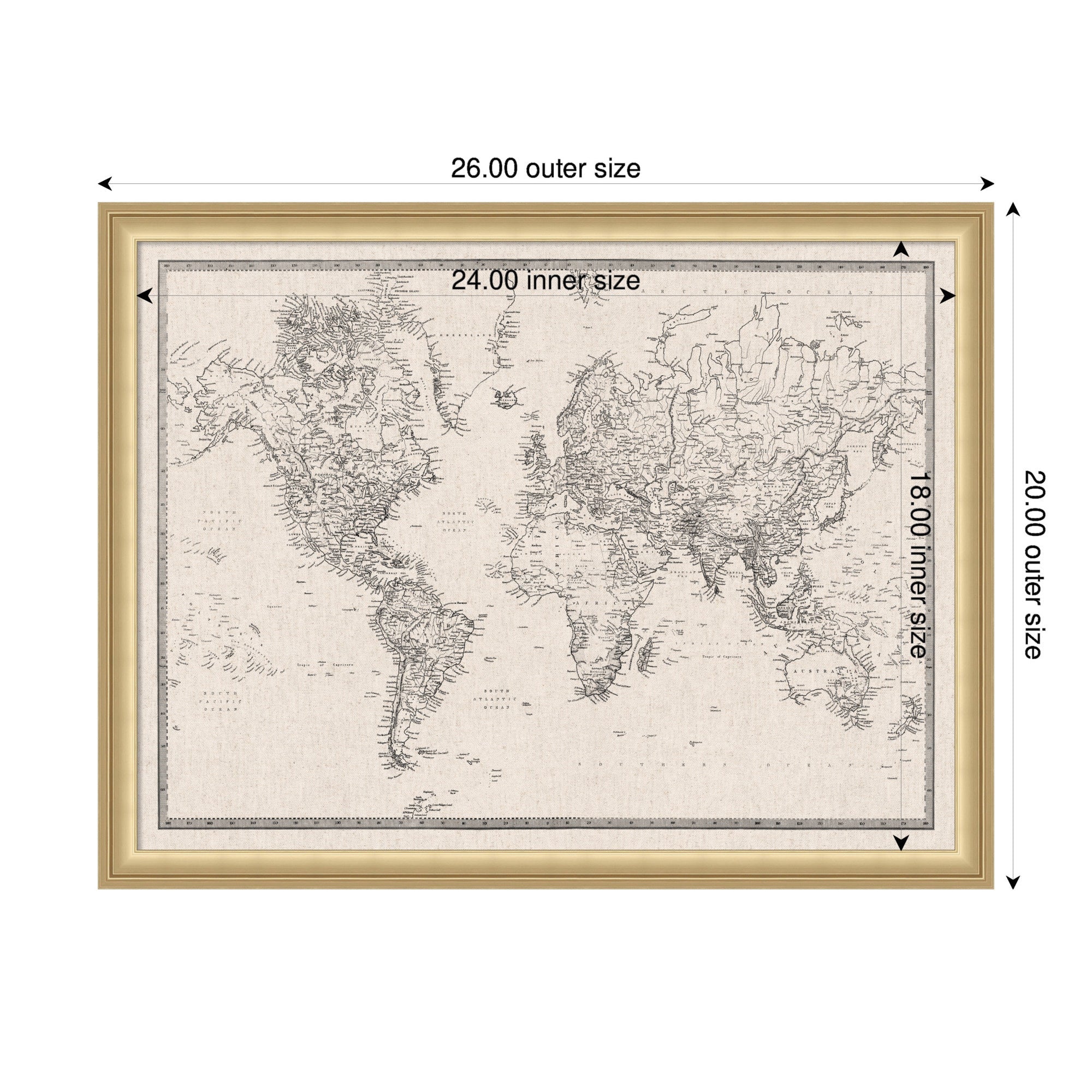 Framed Fabric Pinboard Vintage Black and White Linen World Map Wall Organization