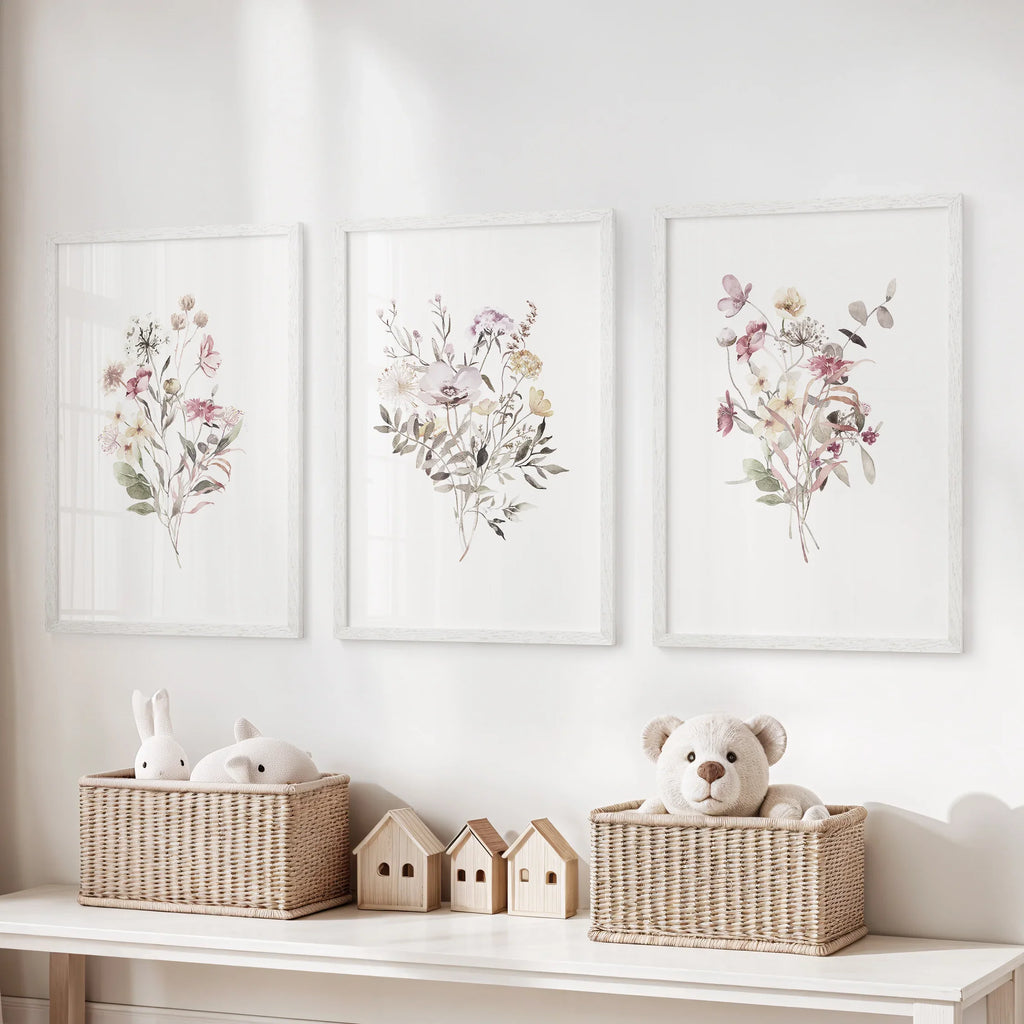 Floral Art Set of 3. Watercolor Wildflower Bouquet Prints