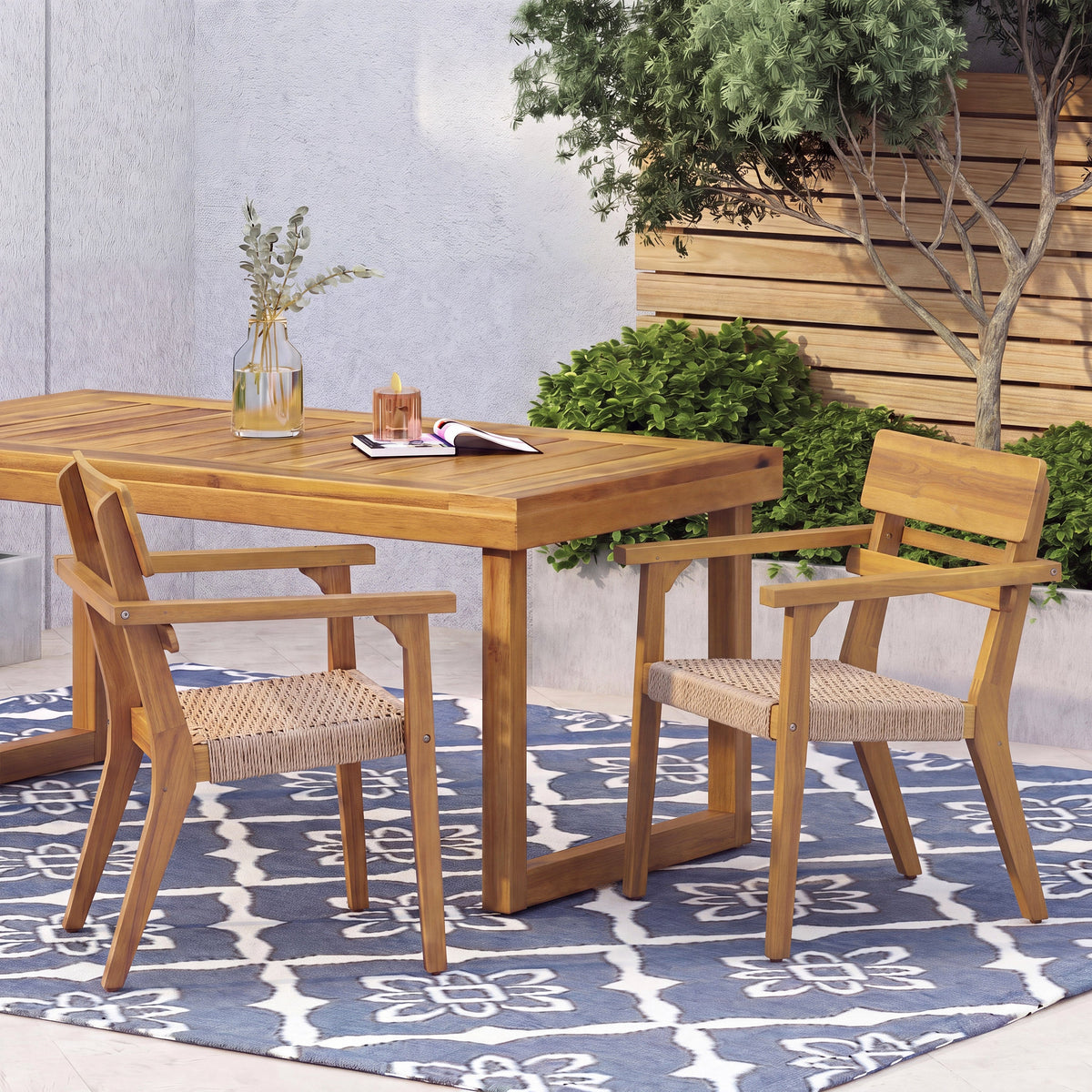 Outdoor Acacia Wood Dining Chairs with Woven Wicker Seats - Natural