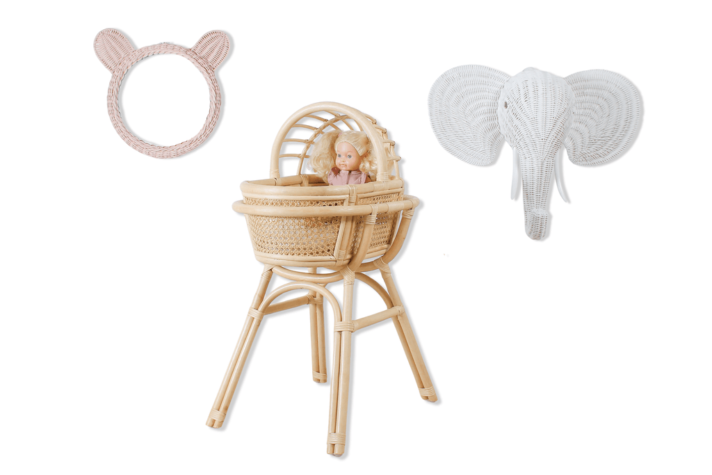 Handwoven Rattan Doll Bassinet with Stand