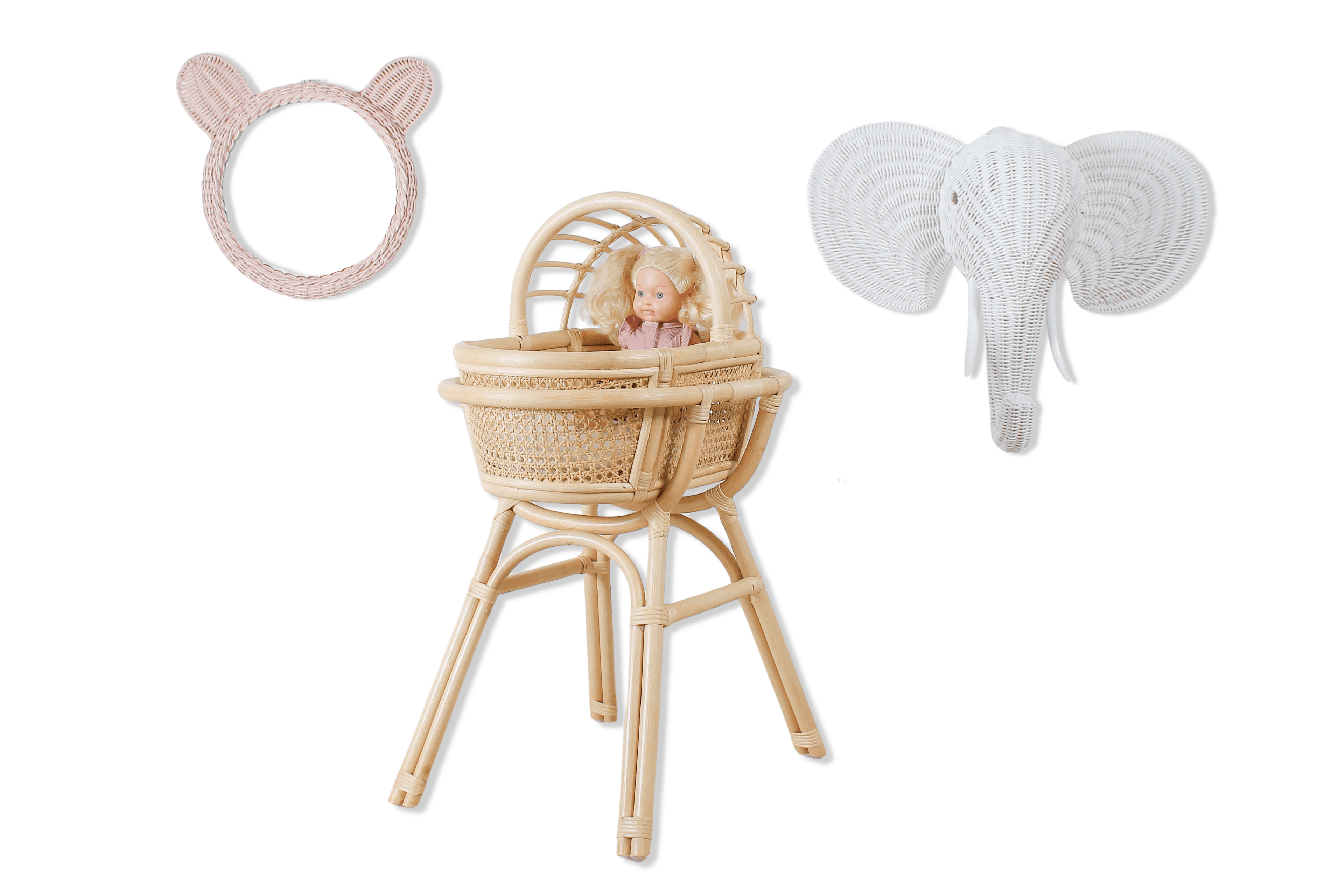 Handwoven Rattan Doll Bassinet with Stand