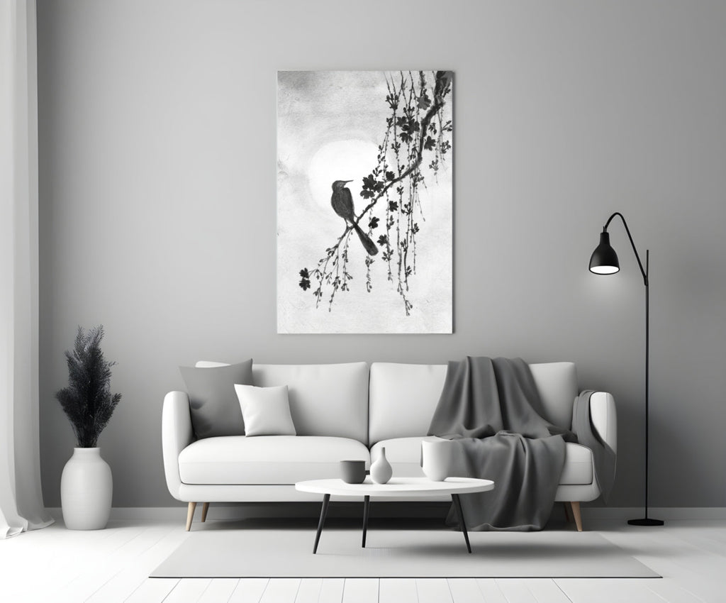 Black and White Bird on Blossom Branch Glass Wall Art