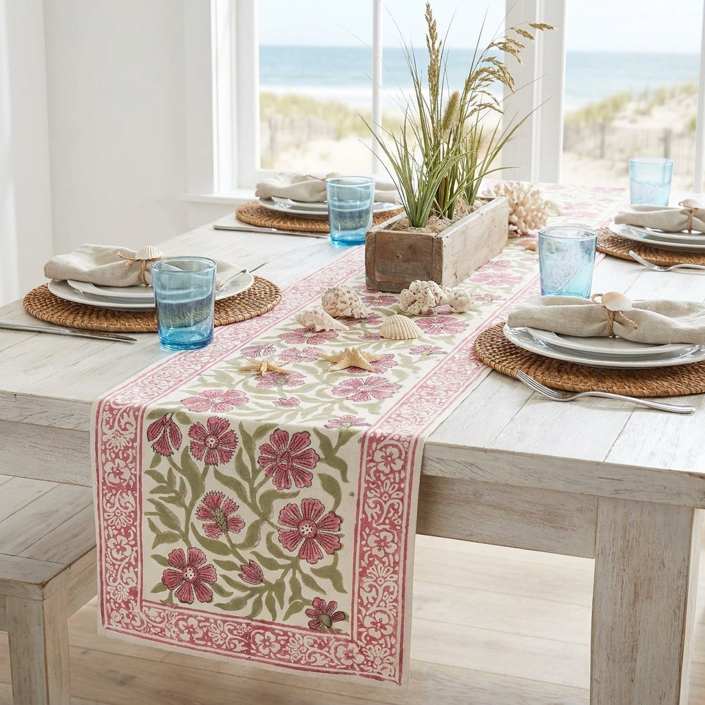 Dusty Rose & Sage Green Floral  Hand Block Printed Table 13 Pieces Linen Set