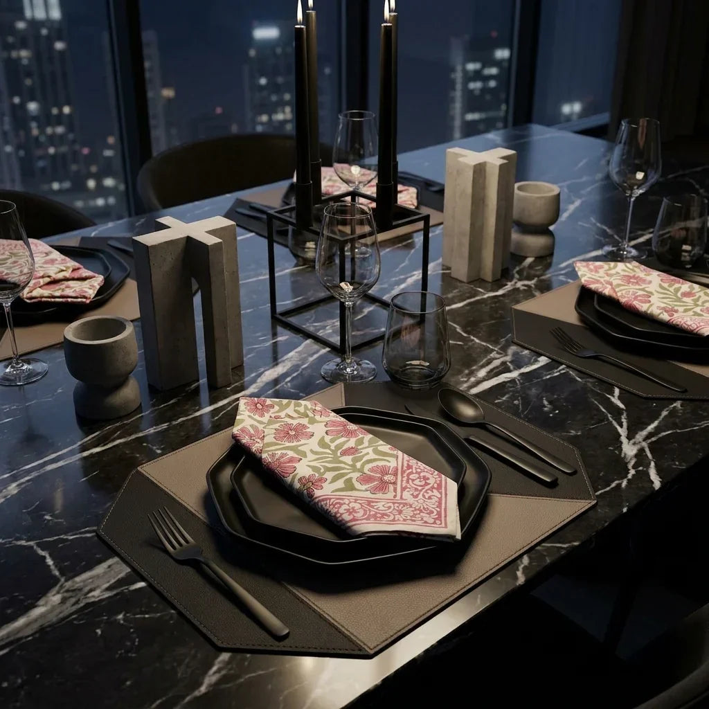 Dusty Rose & Sage Green Floral  Hand Block Printed Table 13 Pieces Linen Set