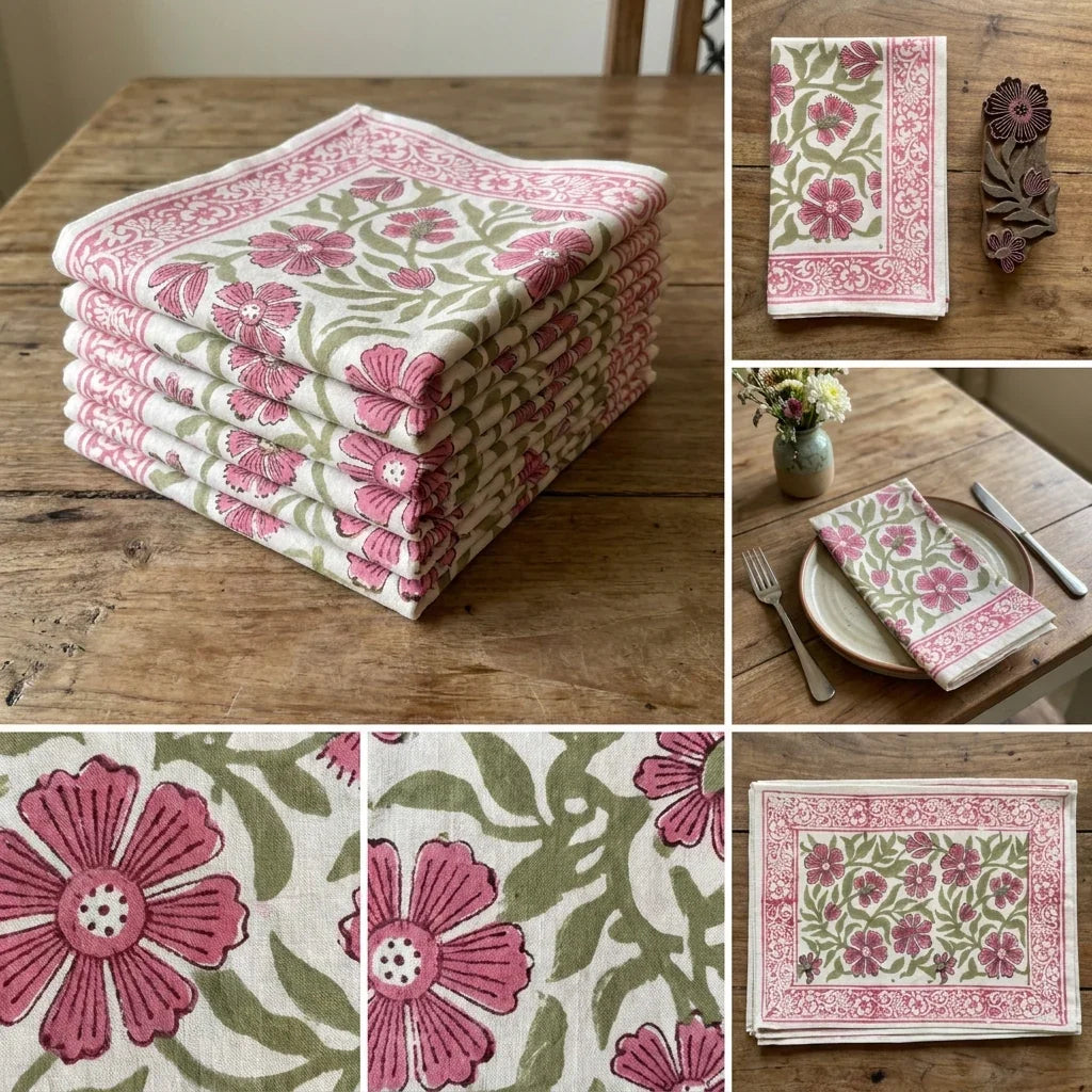 Dusty Rose & Sage Green Floral  Hand Block Printed Table 13 Pieces Linen Set