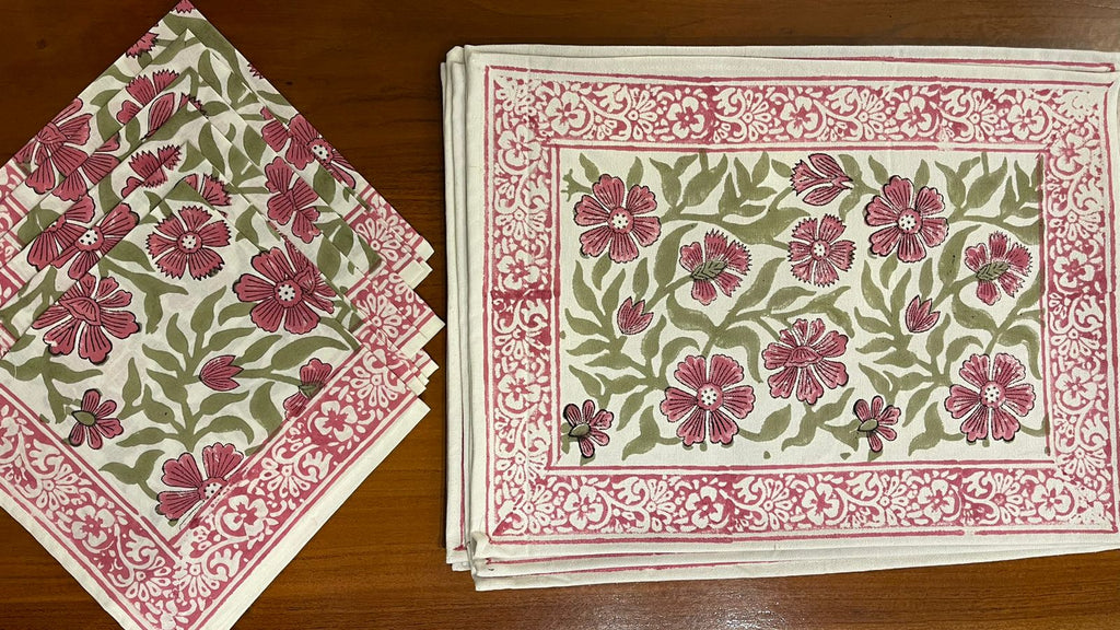 Dusty Rose & Sage Green Floral  Hand Block Printed Table 13 Pieces Linen Set