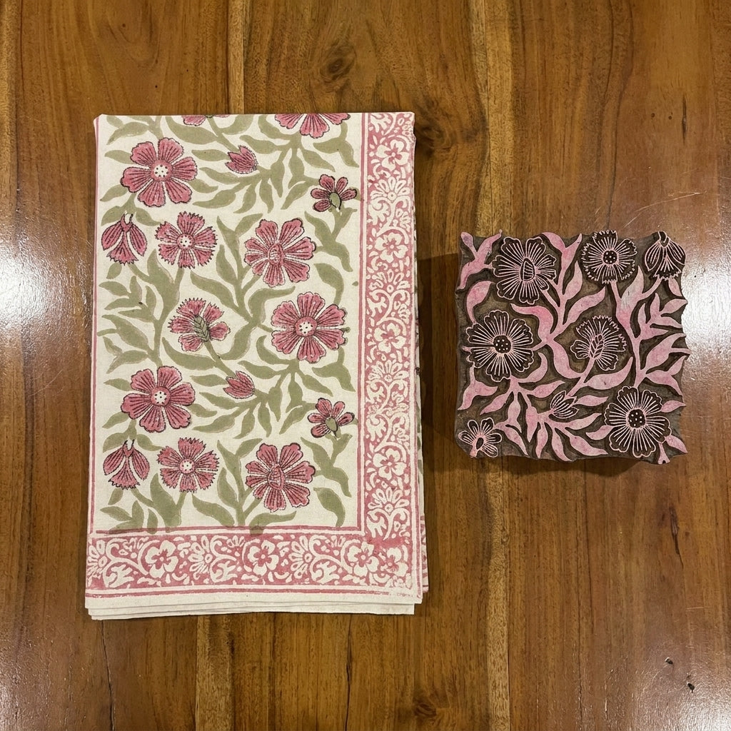 Dusty Rose & Sage Green Floral  Hand Block Printed Table 13 Pieces Linen Set