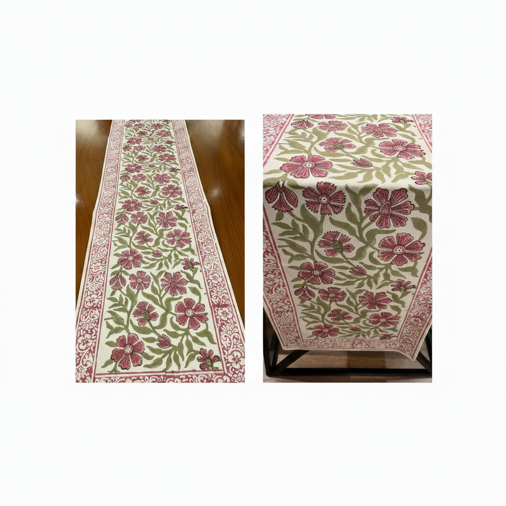Dusty Rose & Sage Green Floral  Hand Block Printed Table 13 Pieces Linen Set