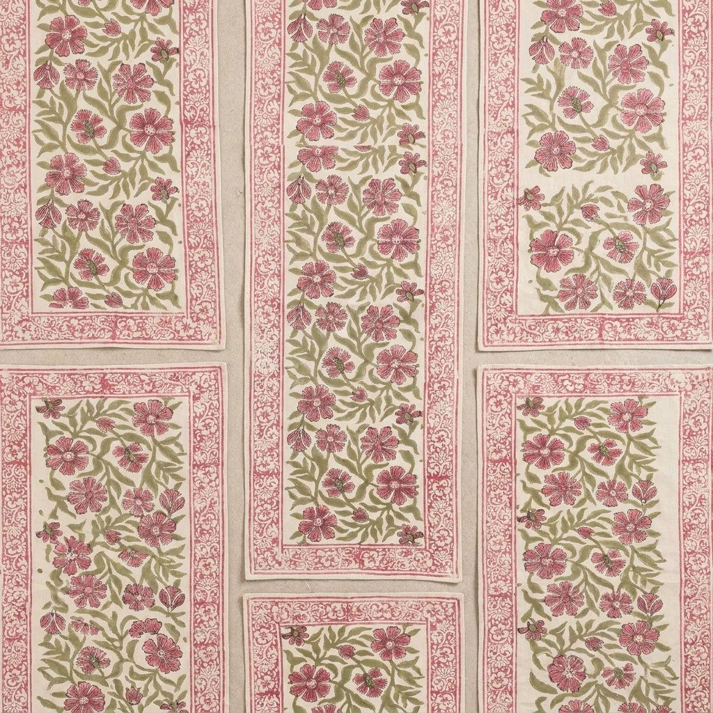 Dusty Rose & Sage Green Floral  Hand Block Printed Table 13 Pieces Linen Set