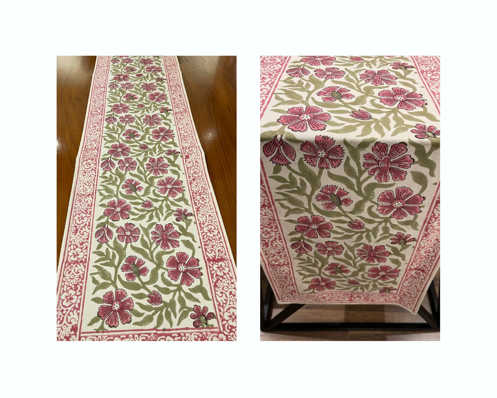 Dusty Rose & Sage Green Floral  Hand Block Printed Table 13 Pieces Linen Set