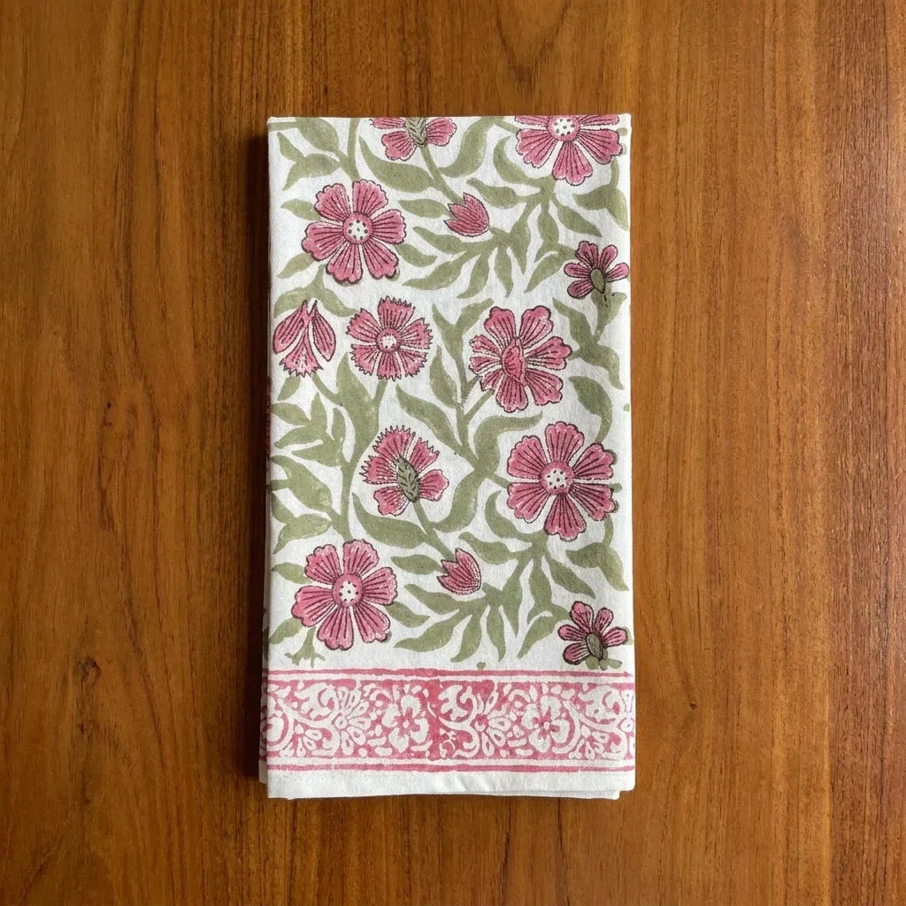 Dusty Rose & Sage Green Floral  Hand Block Printed Table 13 Pieces Linen Set