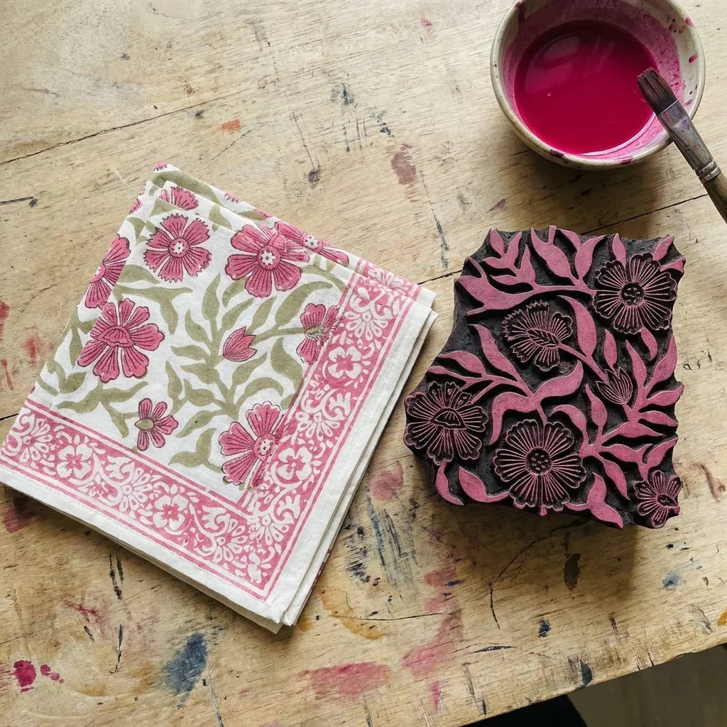 Dusty Rose & Sage Green Floral  Hand Block Printed Table 13 Pieces Linen Set