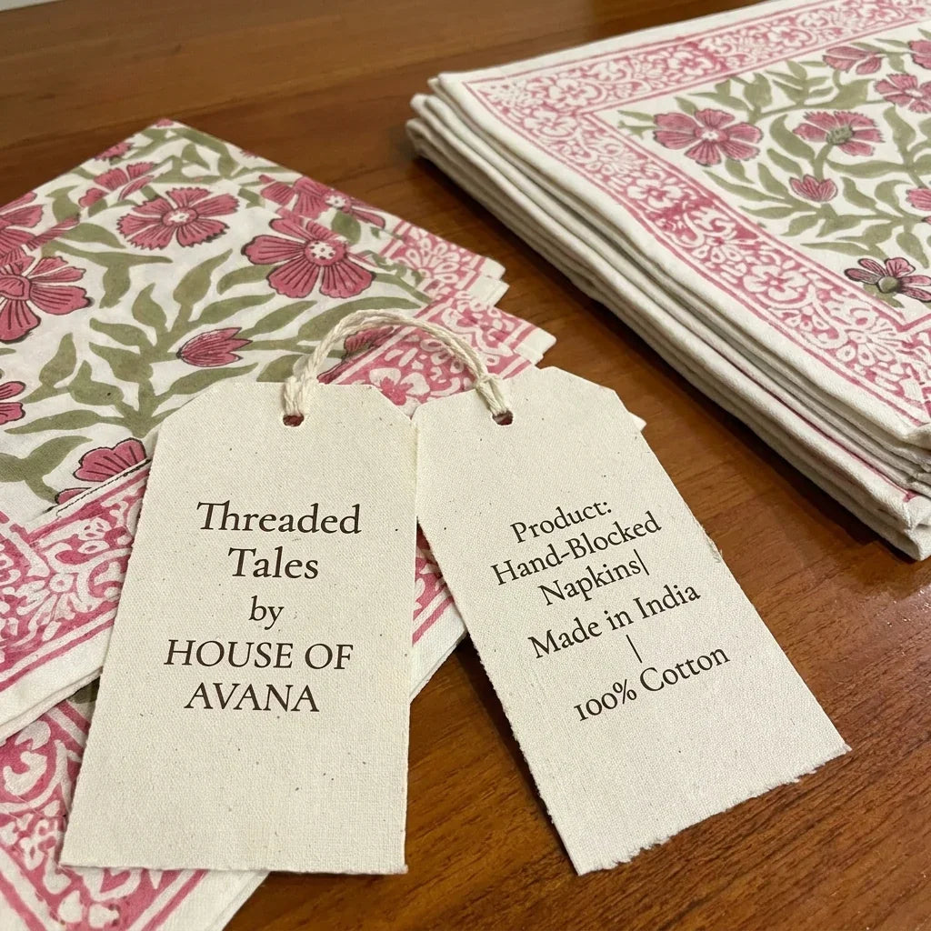 Dusty Rose & Sage Green Floral  Hand Block Printed Table 13 Pieces Linen Set