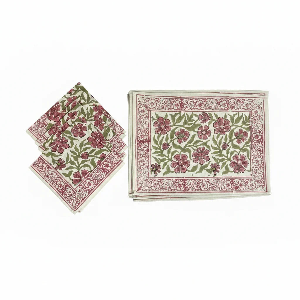 Dusty Rose & Sage Green Floral  Hand Block Printed Table 13 Pieces Linen Set