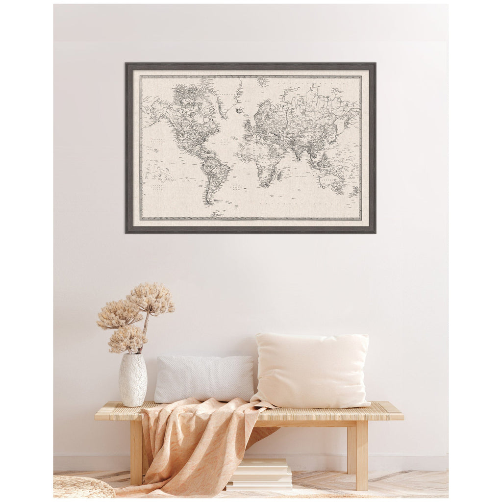Framed Fabric Pinboard Vintage Black and White Linen World Map Wall Organization