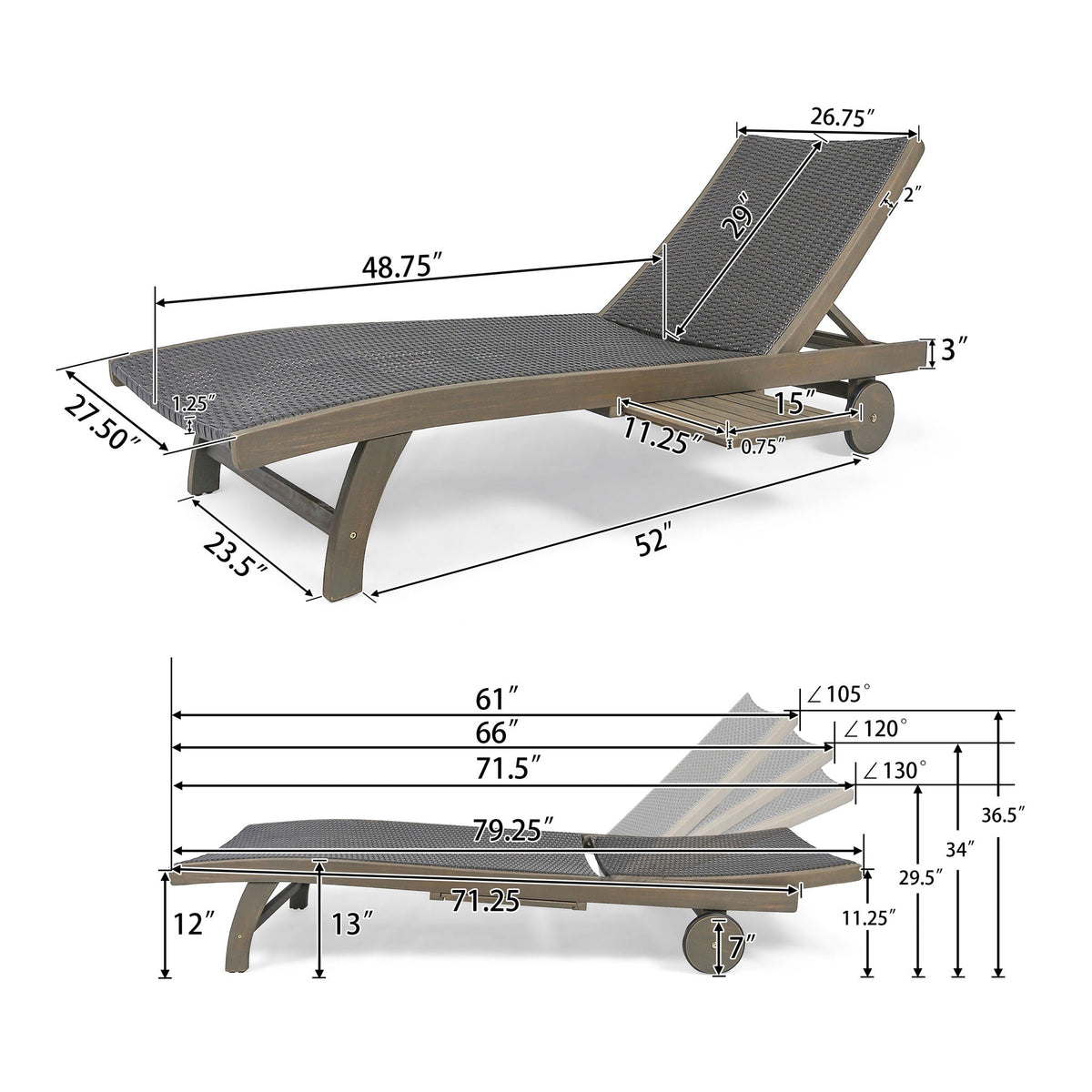 Outdoor Chaise Lounge with Pull-Out Tray and Wicker Seat - Gray
