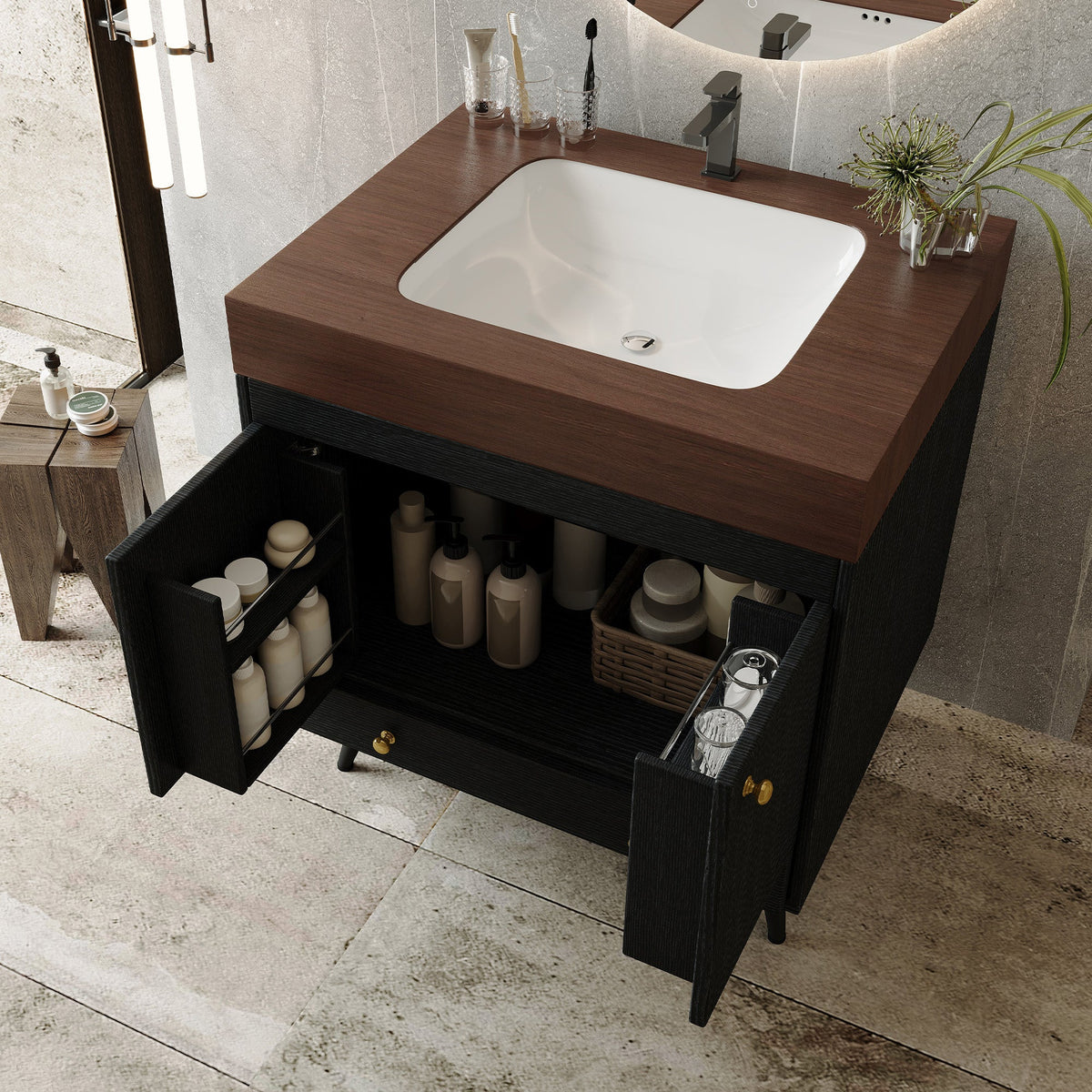 Contemporary Free-standing Bathroom Vanity with Faux Marble Top & Ceramic Sink