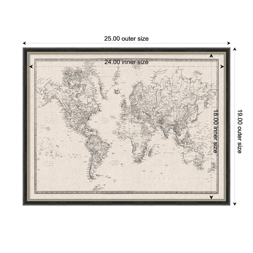 Framed Fabric Pinboard Vintage Black and White Linen World Map Wall Organization